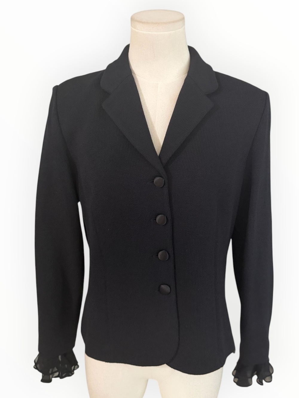 ST.  JOHN Black Classic Blazer Jacket Silk Ruffle Cuffs Sleeves Work Evening 6